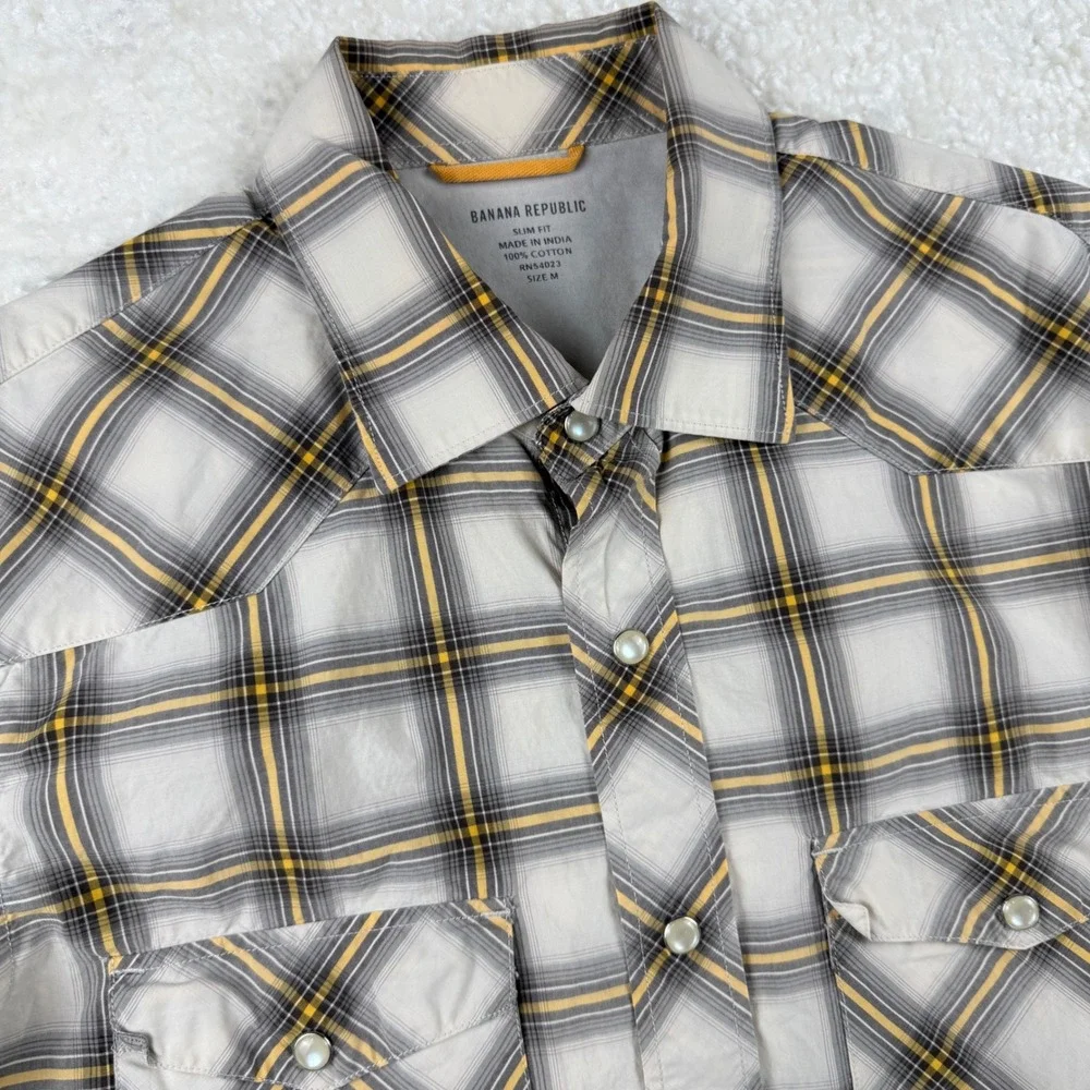 Banana Republic Mens Slim Fit Western Plaid Shirt Pearl Snap Grey‎ Yellow Size M